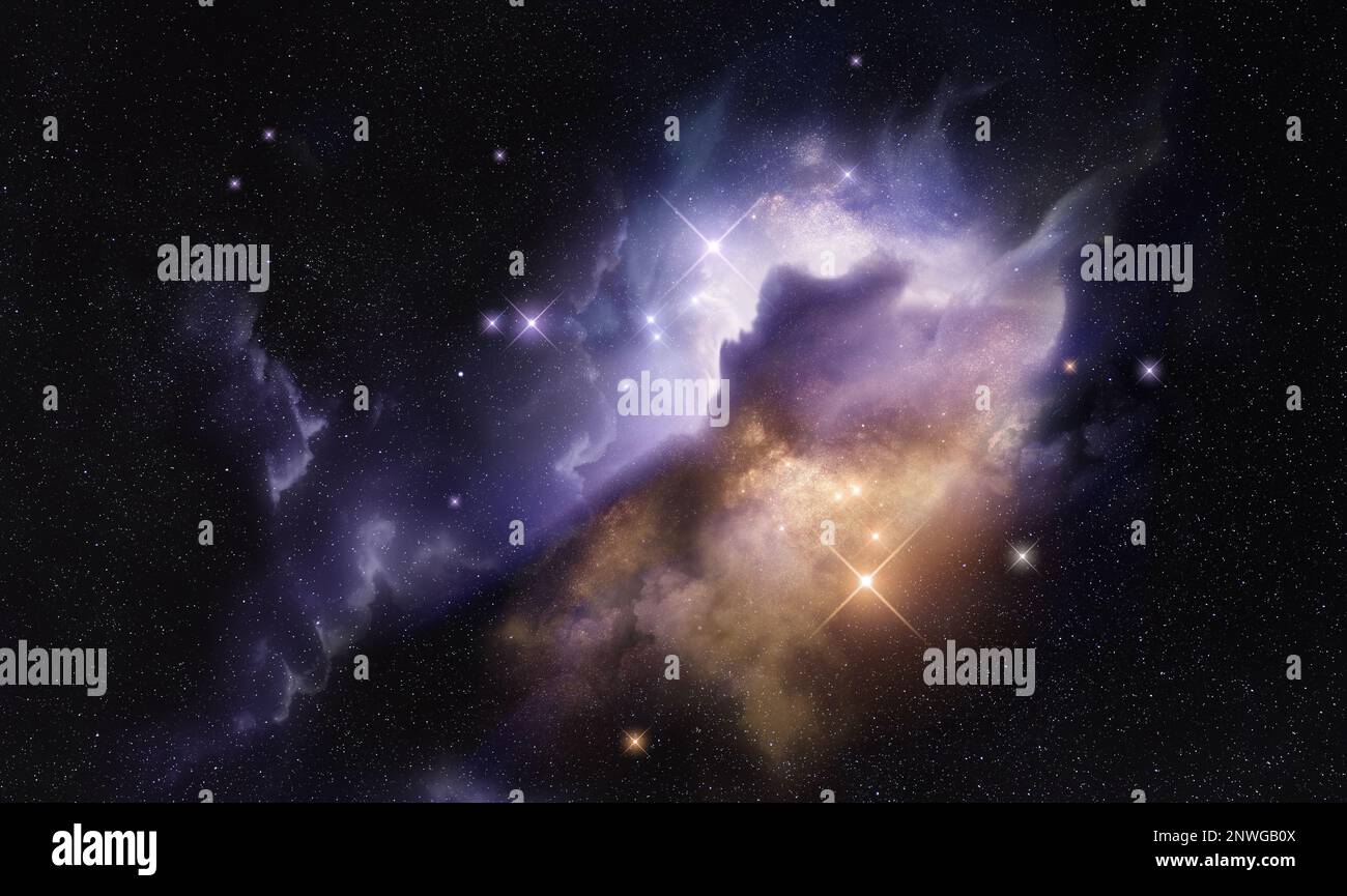 Ein fernleuchtender Raumnebel mit neuen Sternen. Fotozusammensetzung. Stockfoto