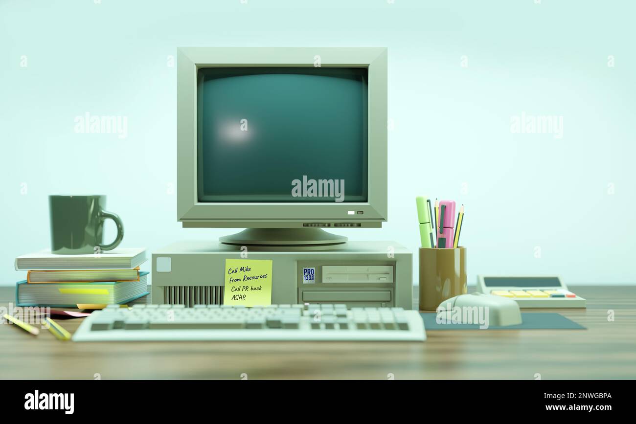 Büroraum mit einem klassischen Desktop-Computer aus den 1990er Jahren. 3D Abbildung Stockfoto