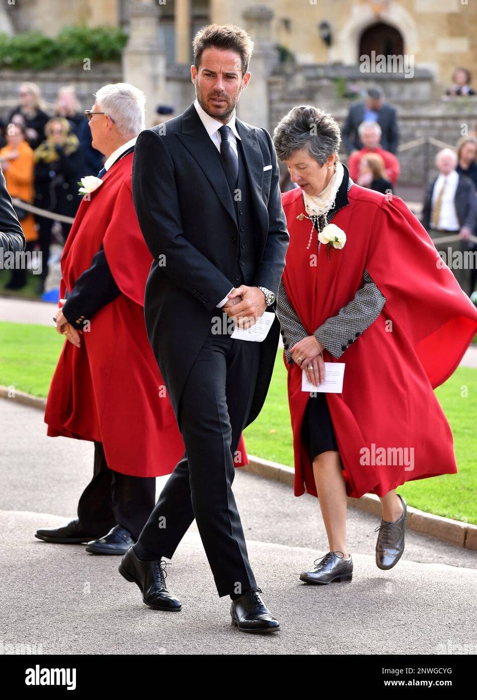 Former soccer player Jamie Redknapp arrives for the wedding of Princess Eugenie of York and Jack Brooksbank at St George’s Chapel, Windsor Castle, near London, England, Friday Oct. 12, 2018. (Matt Crossick, Pool via AP) Stockfoto