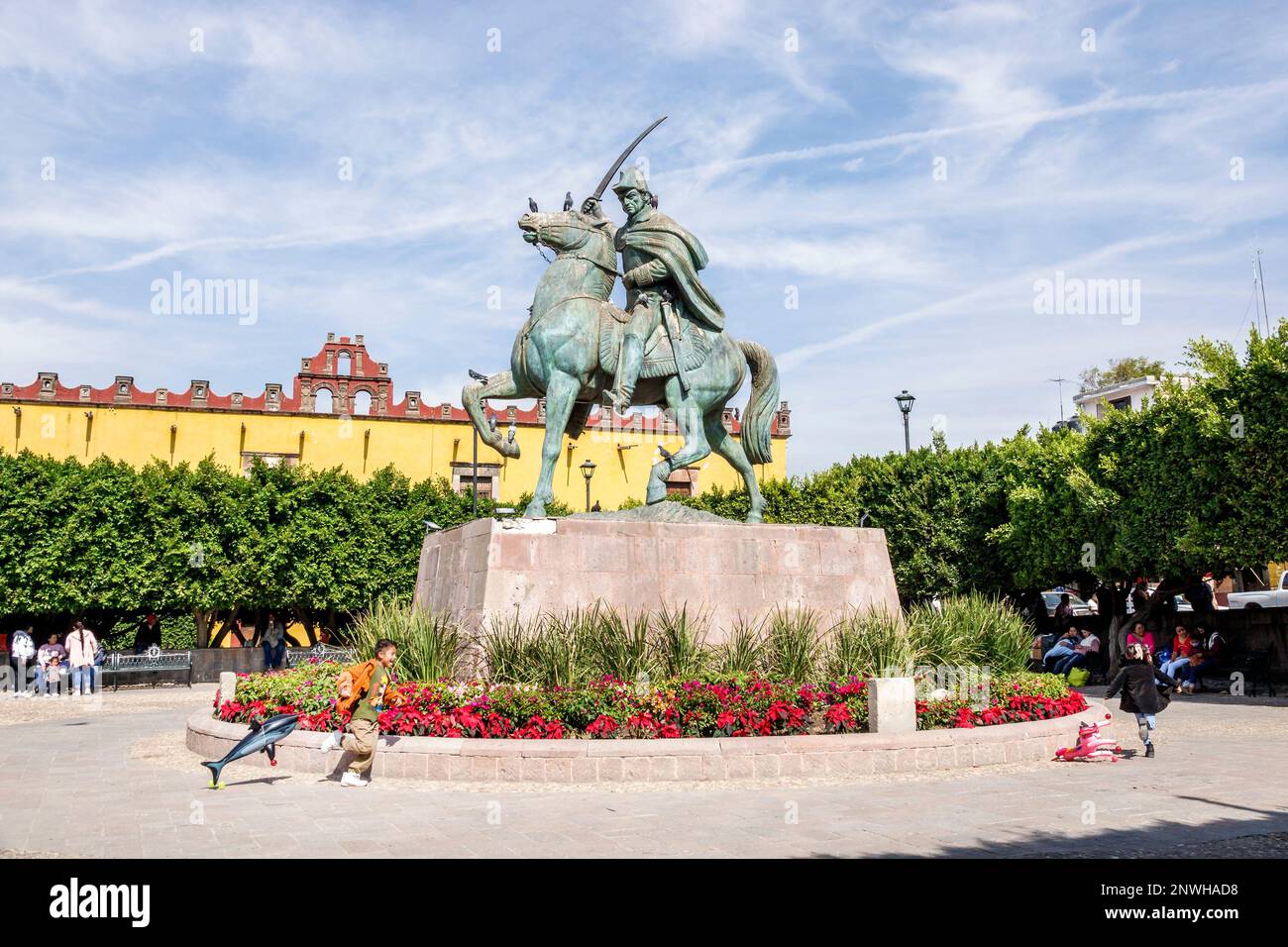San Miguel de Allende Guanajuato Mexiko, historisches Zentrum Zona Centro, Reiterstatue Ignacio Allende, Reiten, Spielen Stockfoto