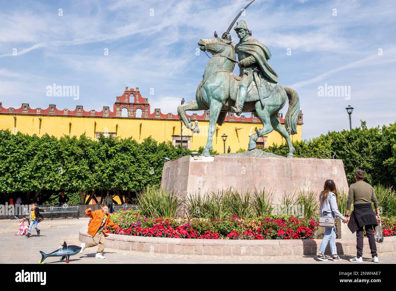 San Miguel de Allende Guanajuato Mexiko, historisches Zentrum Zona Centro, Plaza Civica Civic Square, Reiterstatue Ignacio Allende Stockfoto