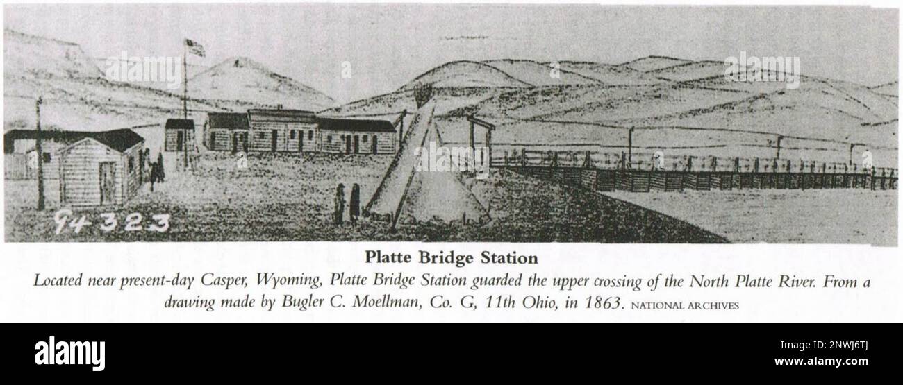 Eine 1863 gezeichnete Platte Bridge Station in der Nähe von Caspar, Wyoming Stockfoto