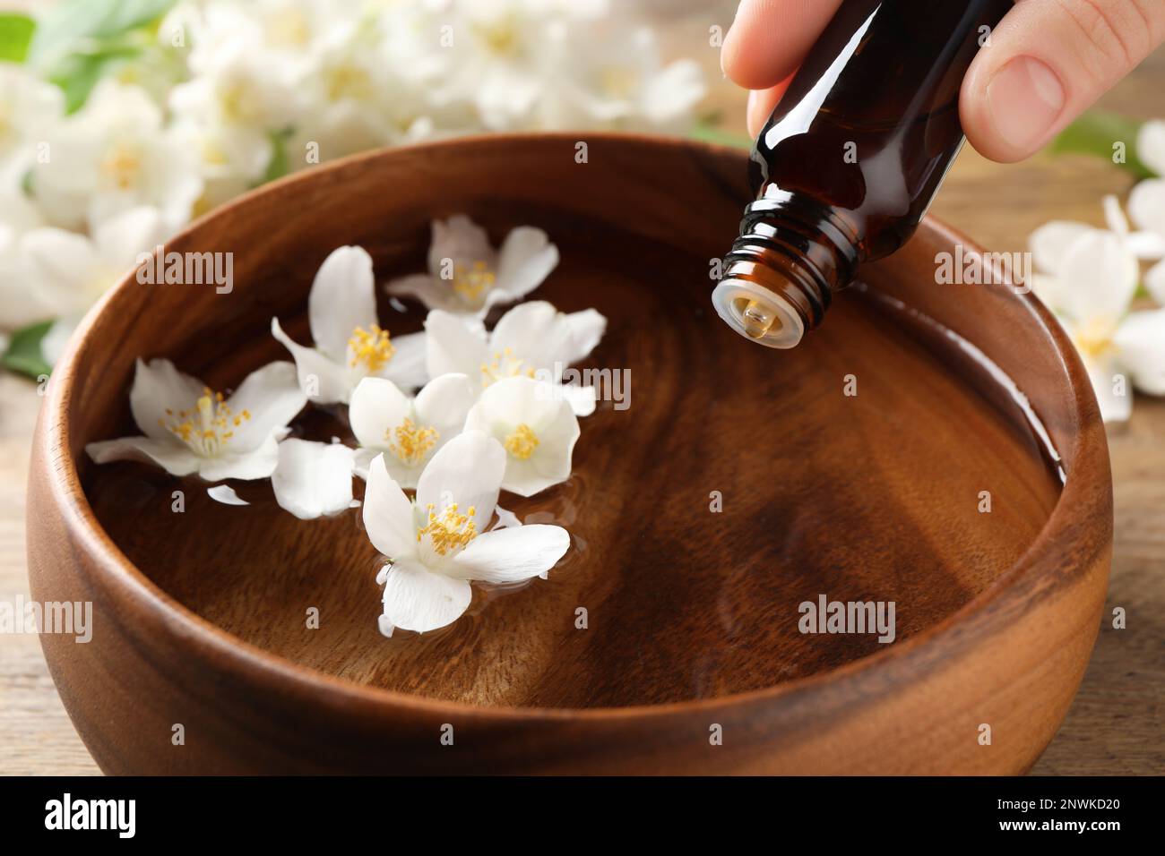 Eine Frau tropft ätherisches Jasminöl in eine Holzschüssel auf dem Tisch, Nahaufnahme Stockfoto