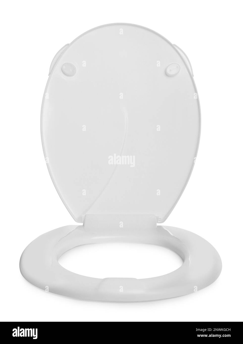Neuer, auf weiß isolierter Toilettensitz aus Kunststoff Stockfoto