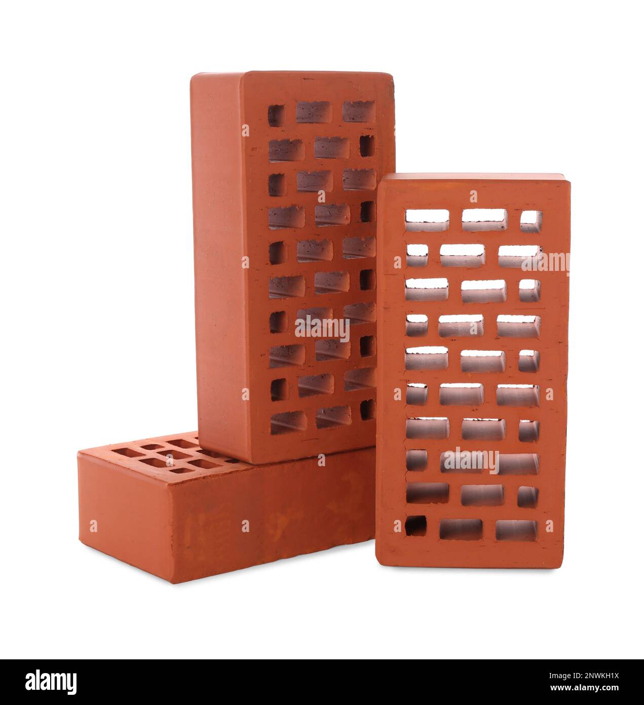 Rote Ziegel auf weißem Hintergrund. Baumaterial Stockfoto