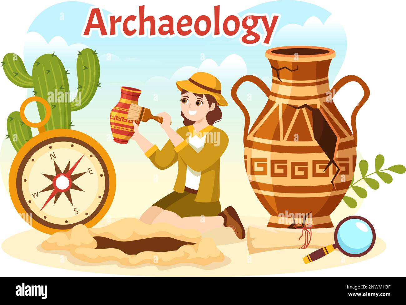 Archäologische Illustration mit archäologischen Ausgrabungen antiker Ruinen, Artefakte und Dinosaurierfossil in handgezeichneten Flat Cartoon-Vorlagen Stock Vektor