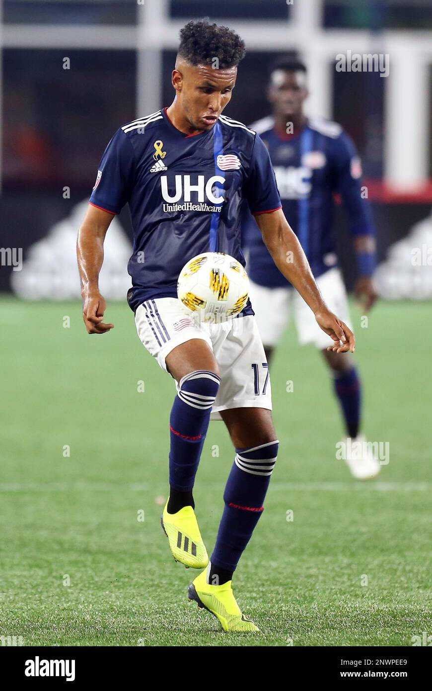 September 1, 2018; Foxborough, MA, USA; New England Revolution forward Juan Agudelo (17) in action during an MLS match between Portland Timbers and New England Revolution at Gillette Stadium. The game was played to a 1-1 draw. Anthony Nesmith/CSM(Credit Image: © Anthony Nesmith/CSM via ZUMA Wire) (Cal Sport Media via AP Images) Stockfoto