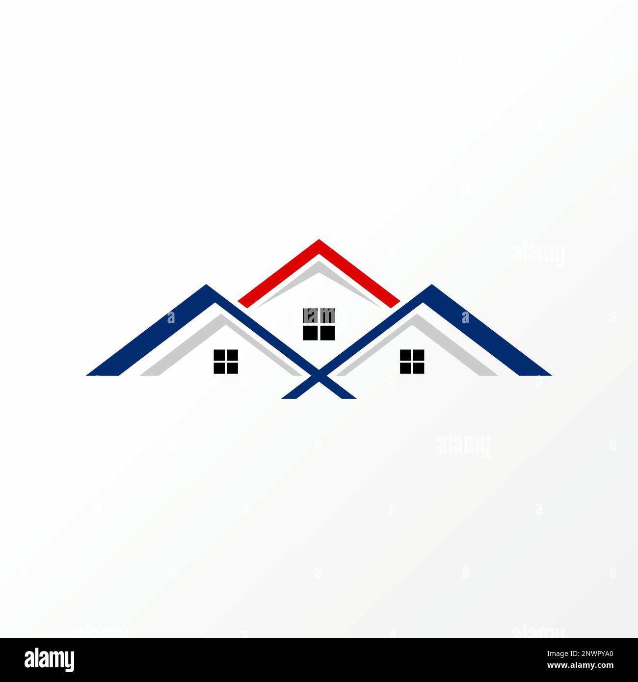 Einfaches und sehr einzigartiges 3-fach Dachhaus von vorne nach hinten mit Fenstern Grafiksymbol Logo Design abstraktes Konzept Vektorstock oder Haus Stock Vektor