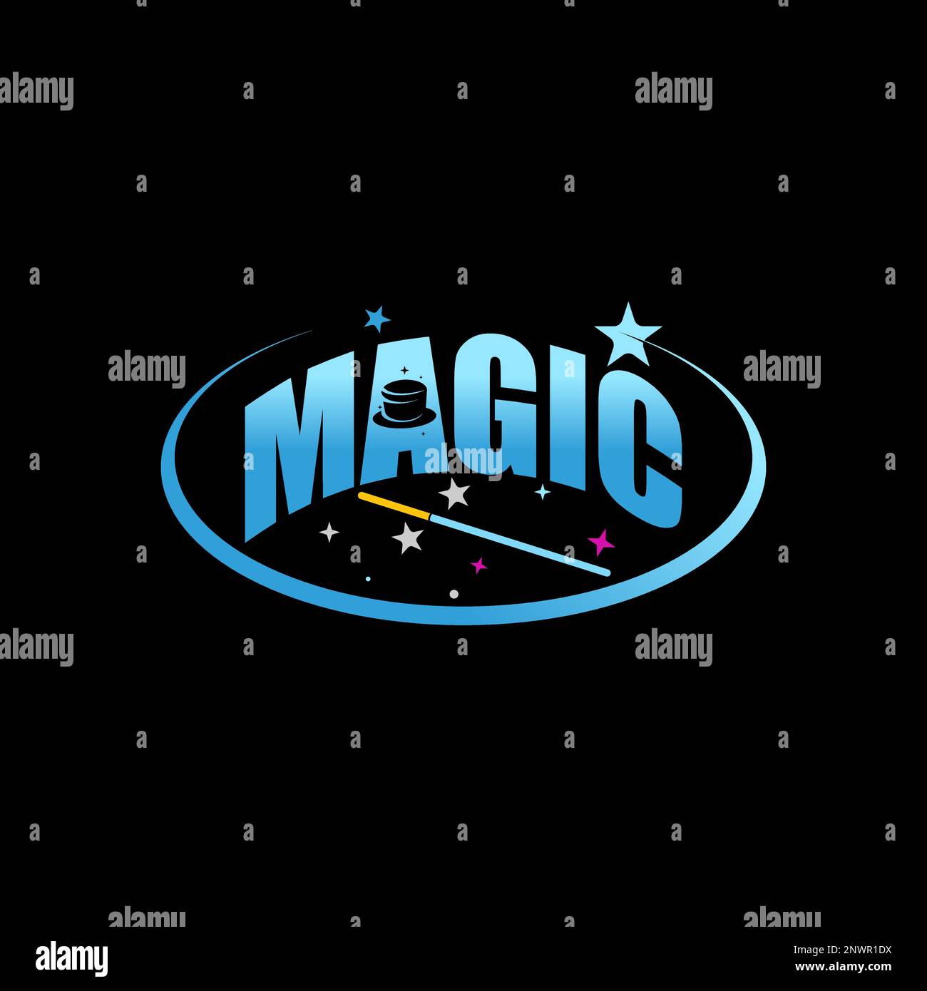 Schreib-MAGIE mit Clownkopf, Hut, Zauberstab und Sternbild Grafik-Symbol Logo Design abstraktes Konzept Vektorunterhaltung oder Spielerberuf Stock Vektor