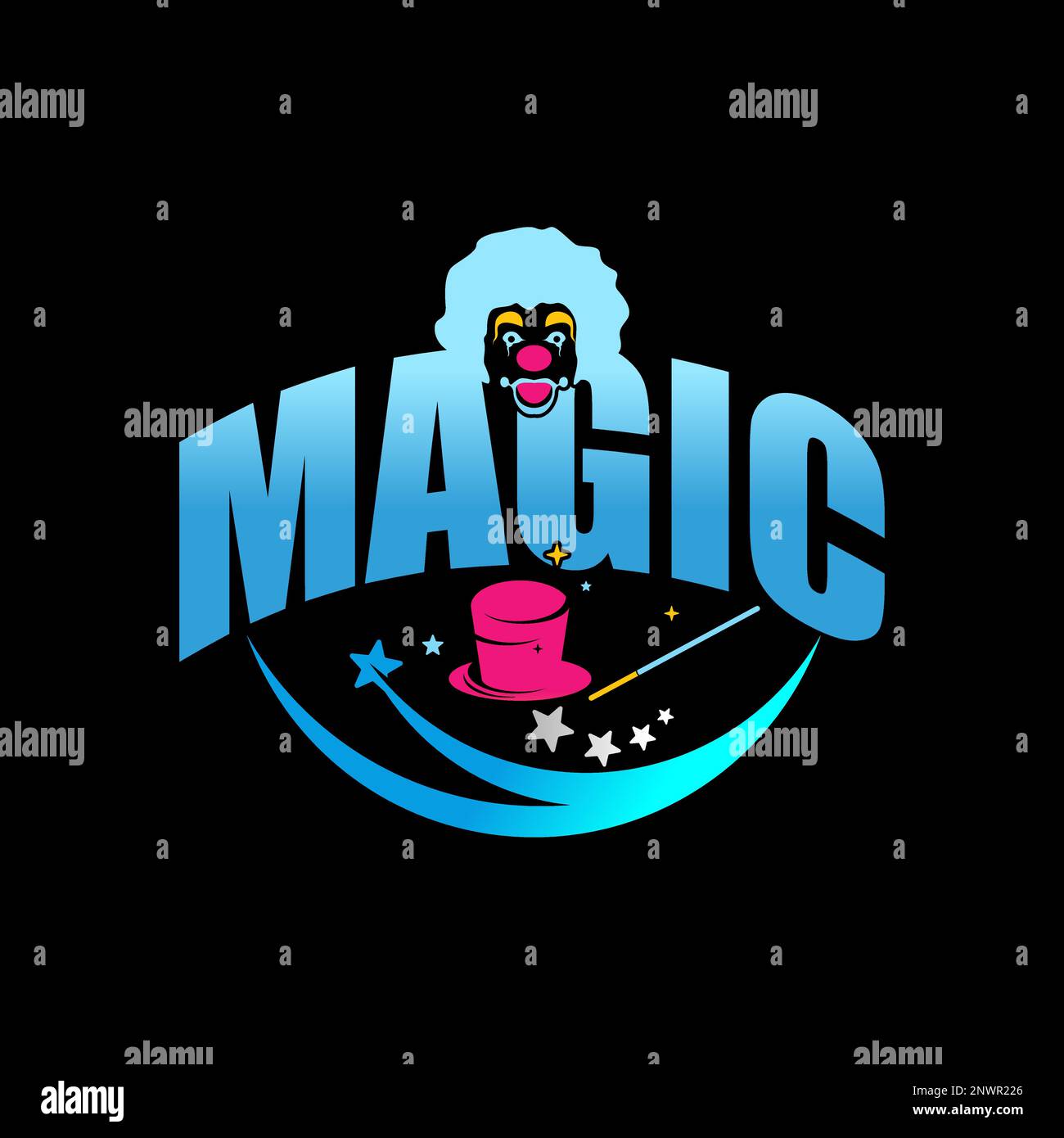 Schreib-MAGIE mit Clownkopf, Hut, Zauberstab und Sternbild Grafik-Symbol Logo Design abstraktes Konzept Vektorunterhaltung oder Spielerberuf Stock Vektor