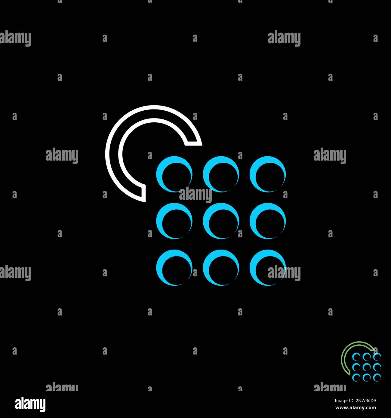 Neun rechteckige Kreise sind mit Pfeil und Buchstabe C an der Ecke markiert Grafiksymbol Logo-Design abstraktes Konzept Vektortechnologie oder Internet Stock Vektor
