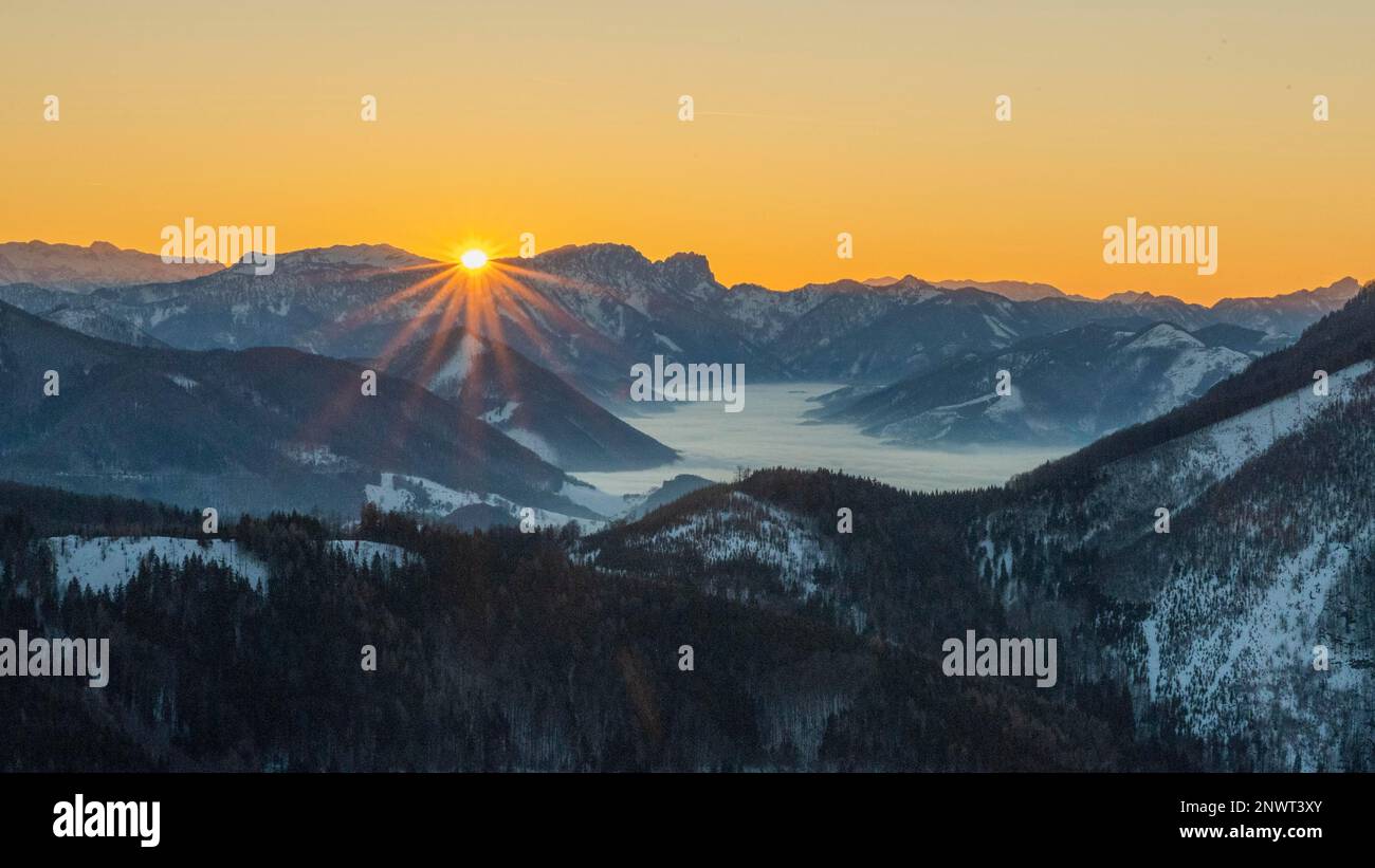Sonnenuntergang im Kalkstein-Alpen-Nationalpark, Reichraming, Kalkstein-Alpen-Nationalpark Stockfoto