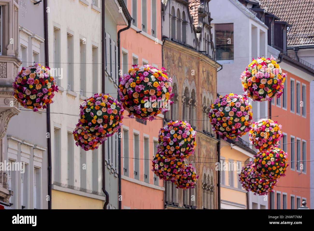 Altstadt, künstlerische Blumendekorationen sorgen für Farbspritzer im Stadtzentrum von Constance, Baden-Württemberg, Deutschland Stockfoto