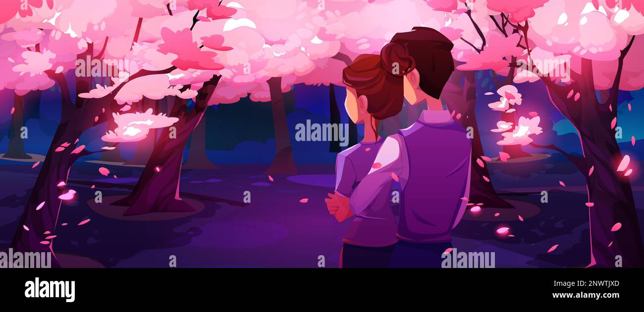 Ein romantisches Paar, das sich im Sakura Park trifft. Vektor-Cartoon-Illustration eines jungen Mannes und einer Frau, die sich liebend umarmen und Kirschblüten mit neonrosa Blumen und Blütenblättern in der Luft sehen Stock Vektor