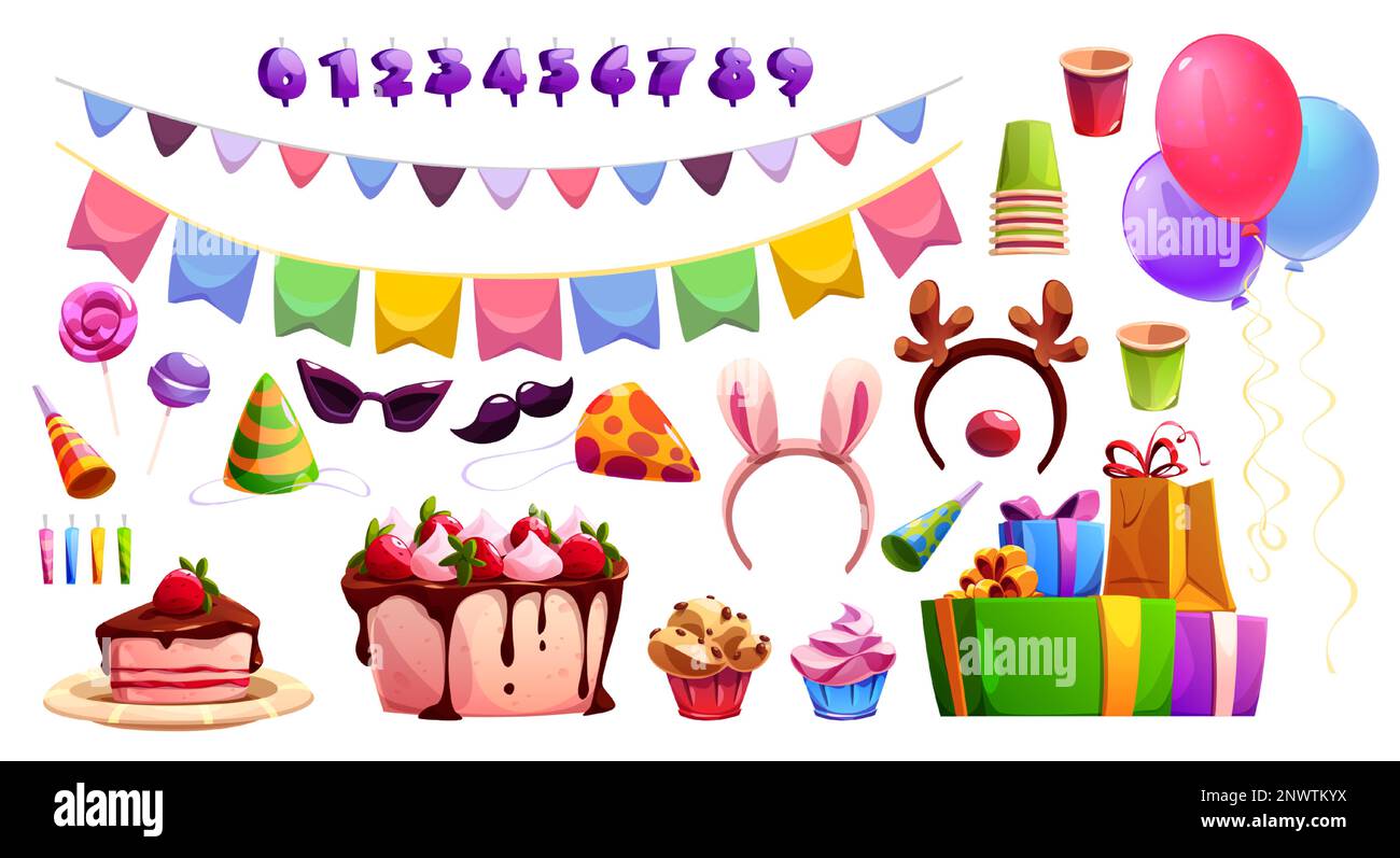 Design-Elemente für Kindergeburtstage isoliert auf weißem Hintergrund. Vektor-Cartoon mit köstlichen Kuchen- und Kerzenzahlen, bunten festlichen Flaggen und Girlanden, Geschenkboxen und Luftballons Stock Vektor