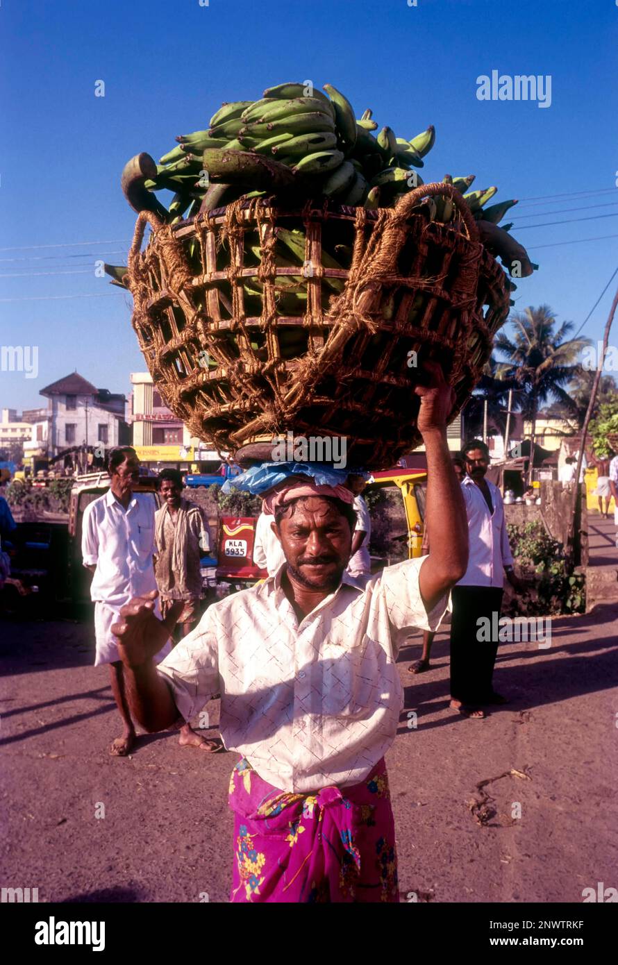 Ein Korb voller Bananen auf dem Kopf, Kerala, Indien, Asien Stockfoto