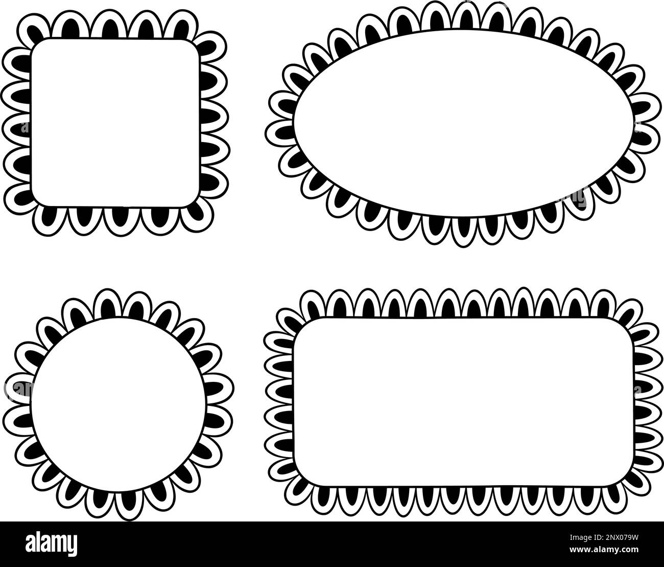 Doodle Circle und quadratische Muschelrahmen. Handgezeichnete Rechteck- und Ellipsenformen mit ausgekrümmten Kanten. Einfaches Etikettenformular. Rahmen aus Blumenspitze Stock Vektor