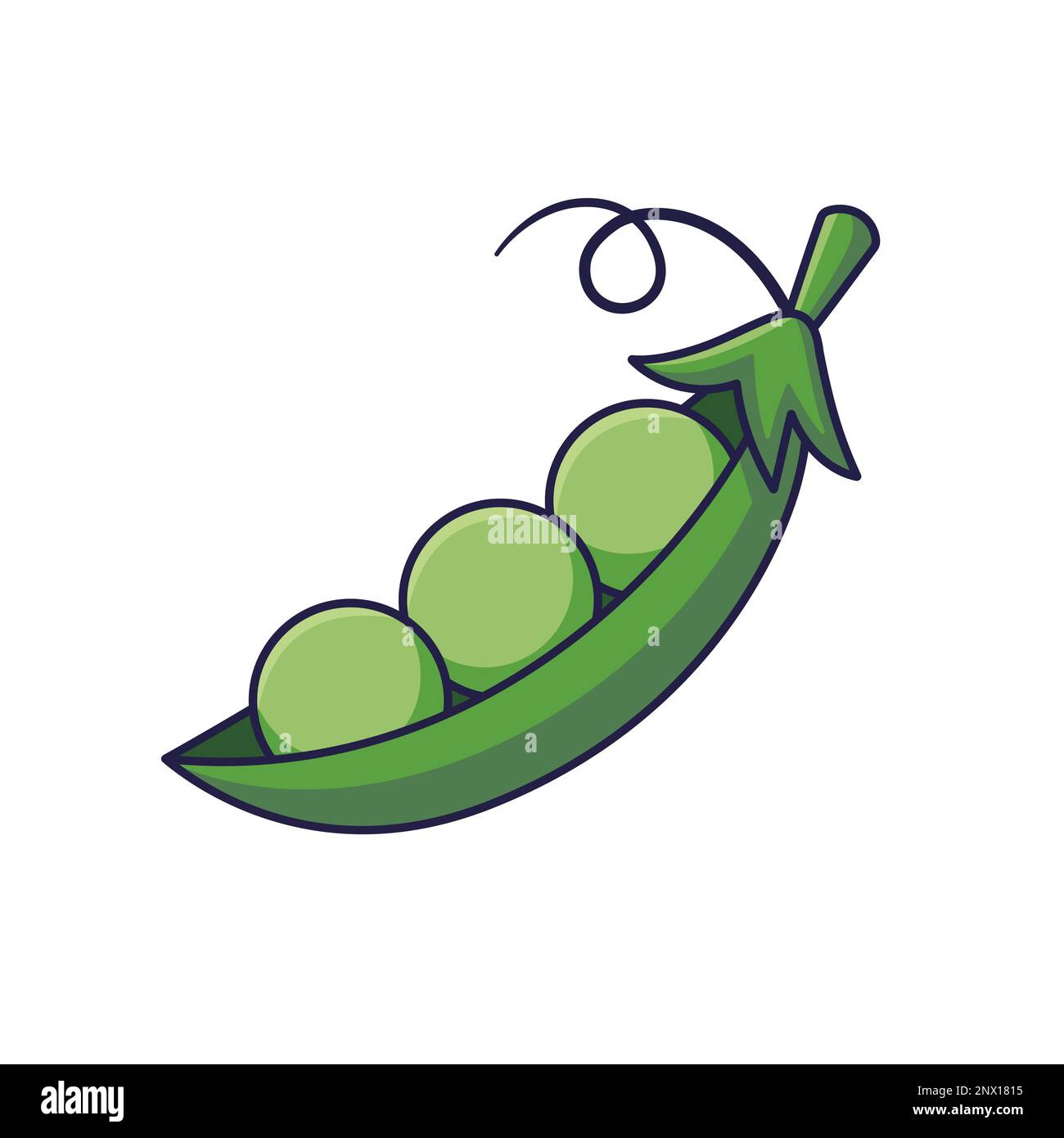 Erbsenzeichen. Süße Erbsen-Kapsel-Cartoon-Symbol-Illustration. Flaches Symbolkonzept für Lebensmittel und Gemüse isoliert auf weißem Hintergrund. Doodle-Muster für Kinderbekleidung. Stock Vektor
