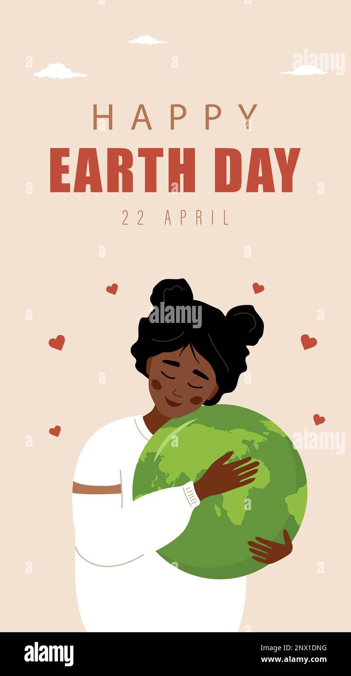 Vorlage für Geschichten zum glücklichen Erdtag. Süße afrikanerin umarmt den Planeten Erde mit Liebe und Liebe. Banner-, Broschüren- und Posterdesign. Machen Sie eine Alltagswelt Stock Vektor