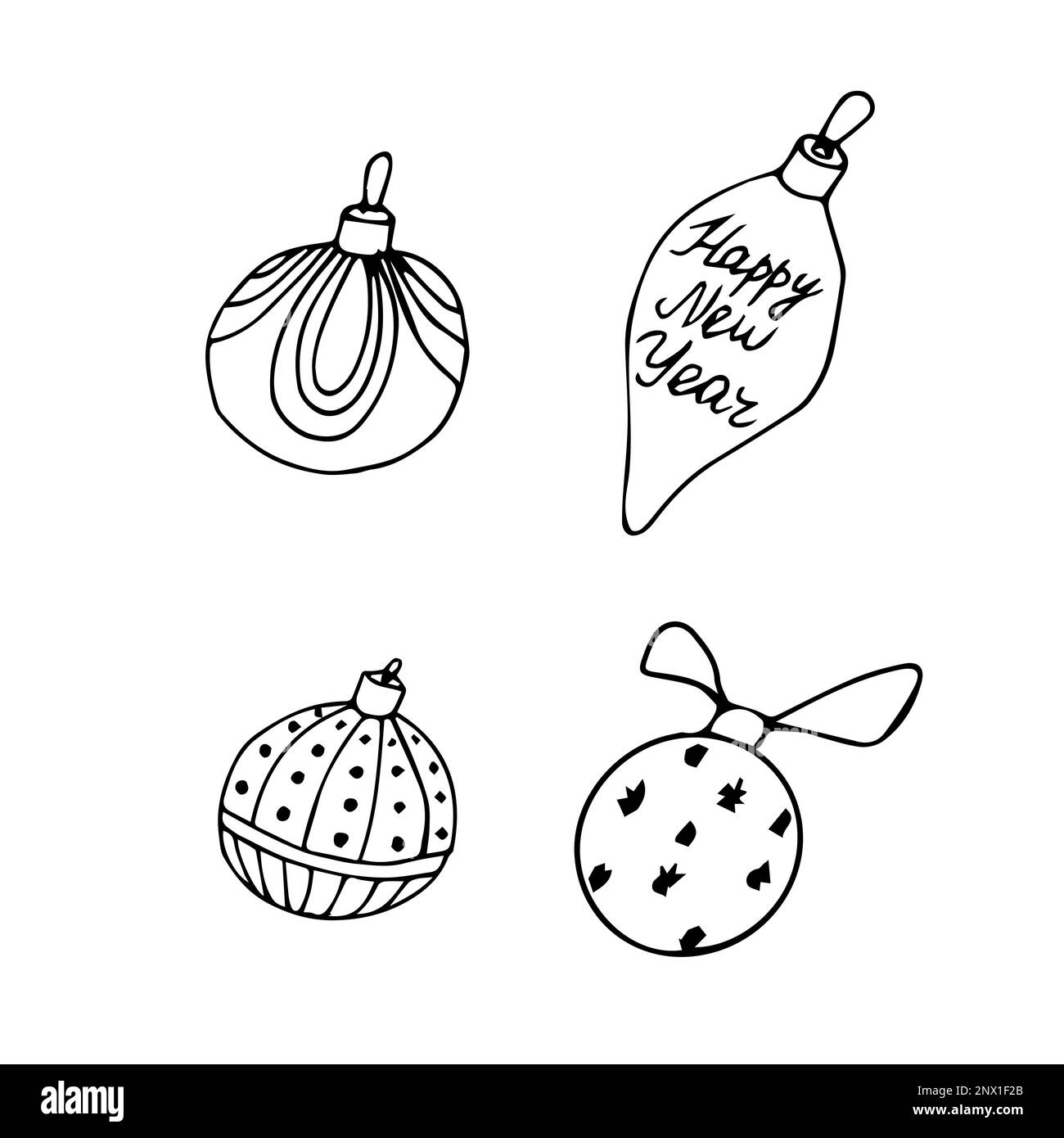 Silvester-Spielzeuge in Schwarz isoliert auf weißem Hintergrund. Neujahr und Weihnachten handgezeichnet. Vektordarstellung Stock Vektor