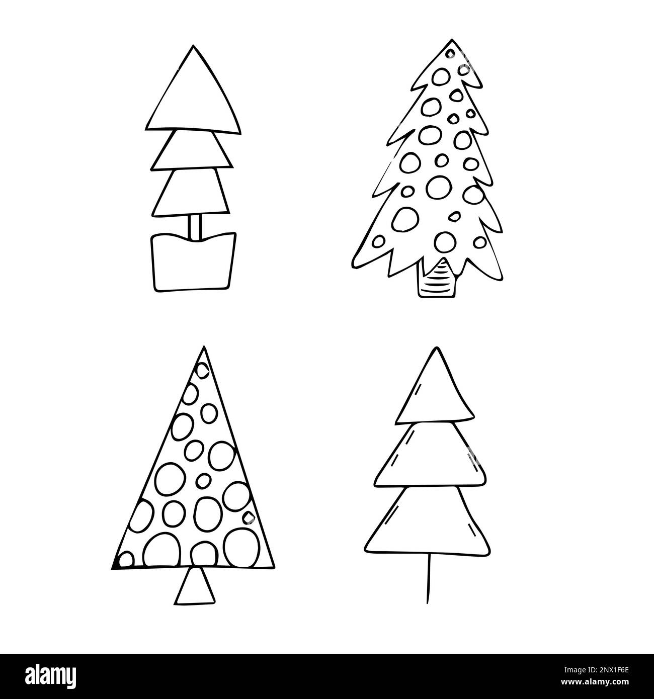 Silvester Kritzelbäume in Schwarz isoliert auf weißem Hintergrund. Neujahr und Weihnachten handgezeichnet. Vektordarstellung Stock Vektor