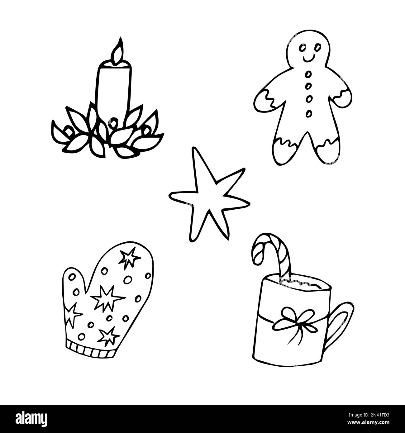 Silvesterparty-Doodle-Elemente in Schwarz isoliert auf weißem Hintergrund. Neujahr und Weihnachten handgezeichnet. Vektordarstellung Stock Vektor