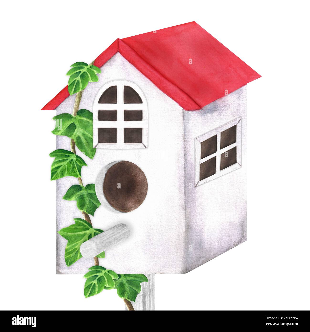 Handgezeichnetes, wasserfarbenes Vogelhaus. Ein kleiner Teil des großen VOGELGARTENS Stockfoto