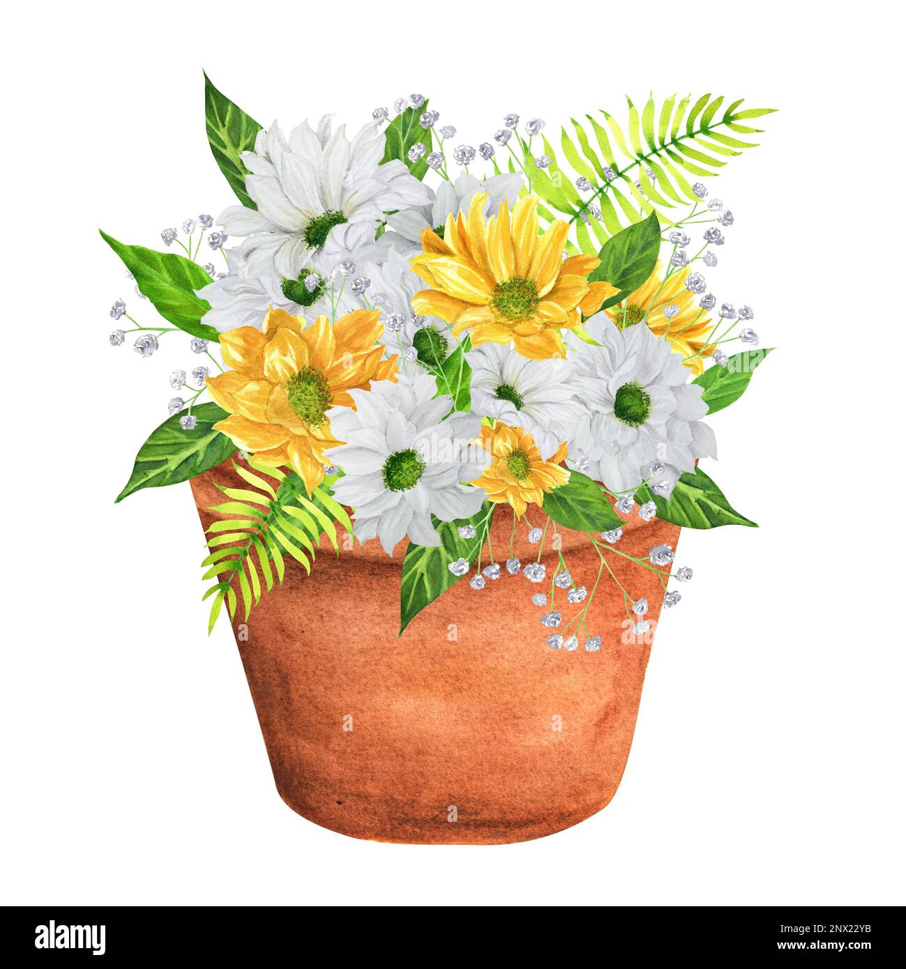 Handgezeichneter, wässriger Gartentopf mit Blumen. Ein kleiner Teil des großen VOGELGARTENS Stockfoto
