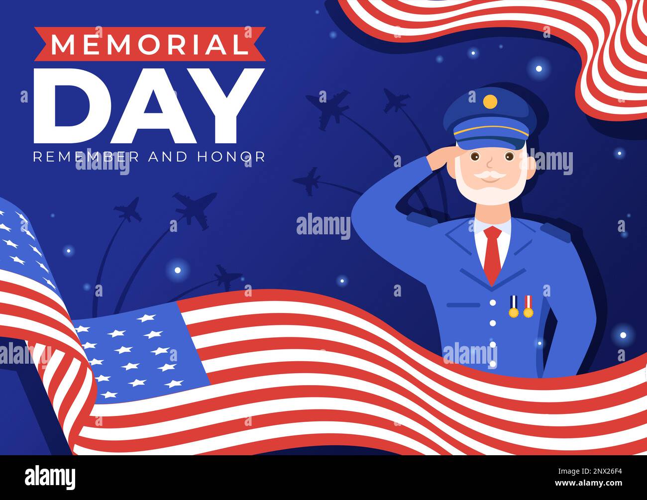 Memorial Day Illustration mit American Flag, Remember and Honor to Meritorious Soldier in Flat Cartoon Hand Drawn for Landing Page Templates Stock Vektor