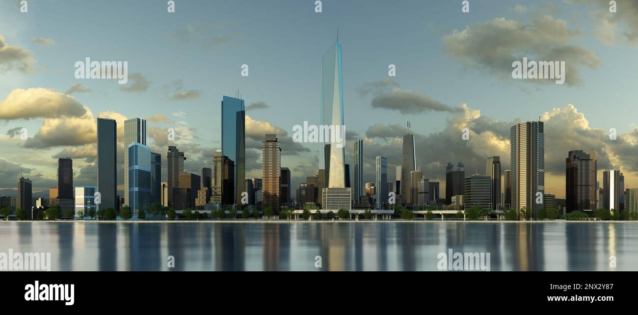 3D-Darstellung einer modernen Stadt mit wunderschönem Blick. 3D-Rendering Stockfoto