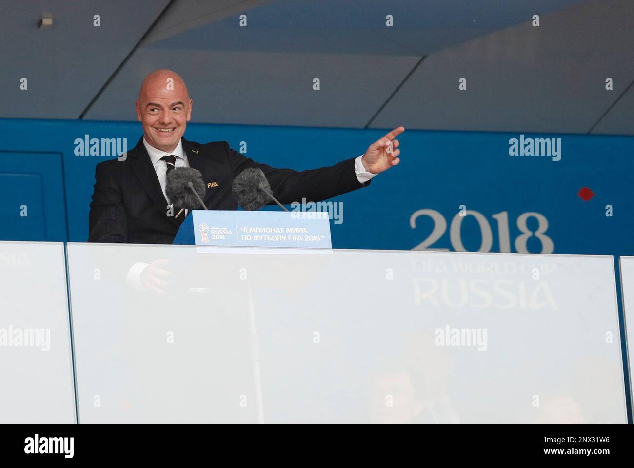 June 14, 2018 - Moscow, United Kingdom - Gianni Infantino FIFA President makes his opening speech during the FIFA World Cup 2018 Group A match at the Luzhniki Stadium, Moscow. Picture date 14th June 2018. Picture credit should read: David Klein/Sportimage (Cal Sport Media via AP Images) Stockfoto