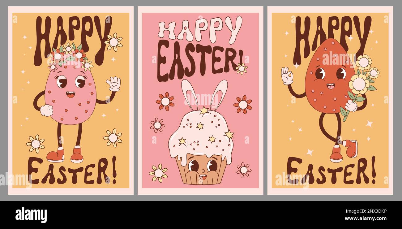 Poster-Kollektion zu Ostern. Retro-Cartoon-Figuren ostereier und Kuchen Cupcake mit Hasenohren. Groovy Vintage niedliches Maskottchen. Vektor-Illustration Stock Vektor