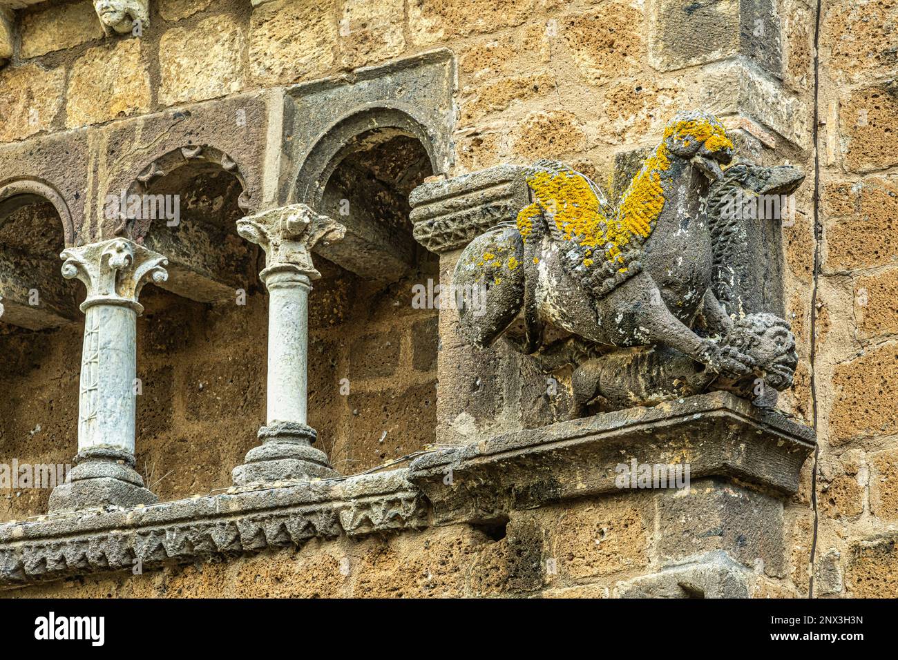 Architektonische Details des Eingangsportals zur Kirche Santa Maria Maggiore. Toskanien, Provinz Viterbo, Latium, Italien, Europa Stockfoto