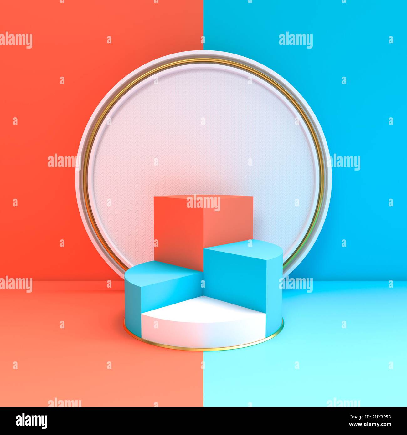 Hintergrund mit geometrischen Formen und Podien unterschiedlicher Höhe, 3D-Rendering Stockfoto