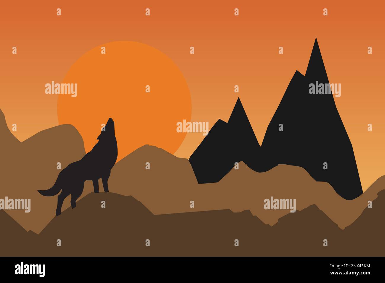 Silhouette eines heulenden Wolfs auf Felsen Stock Vektor