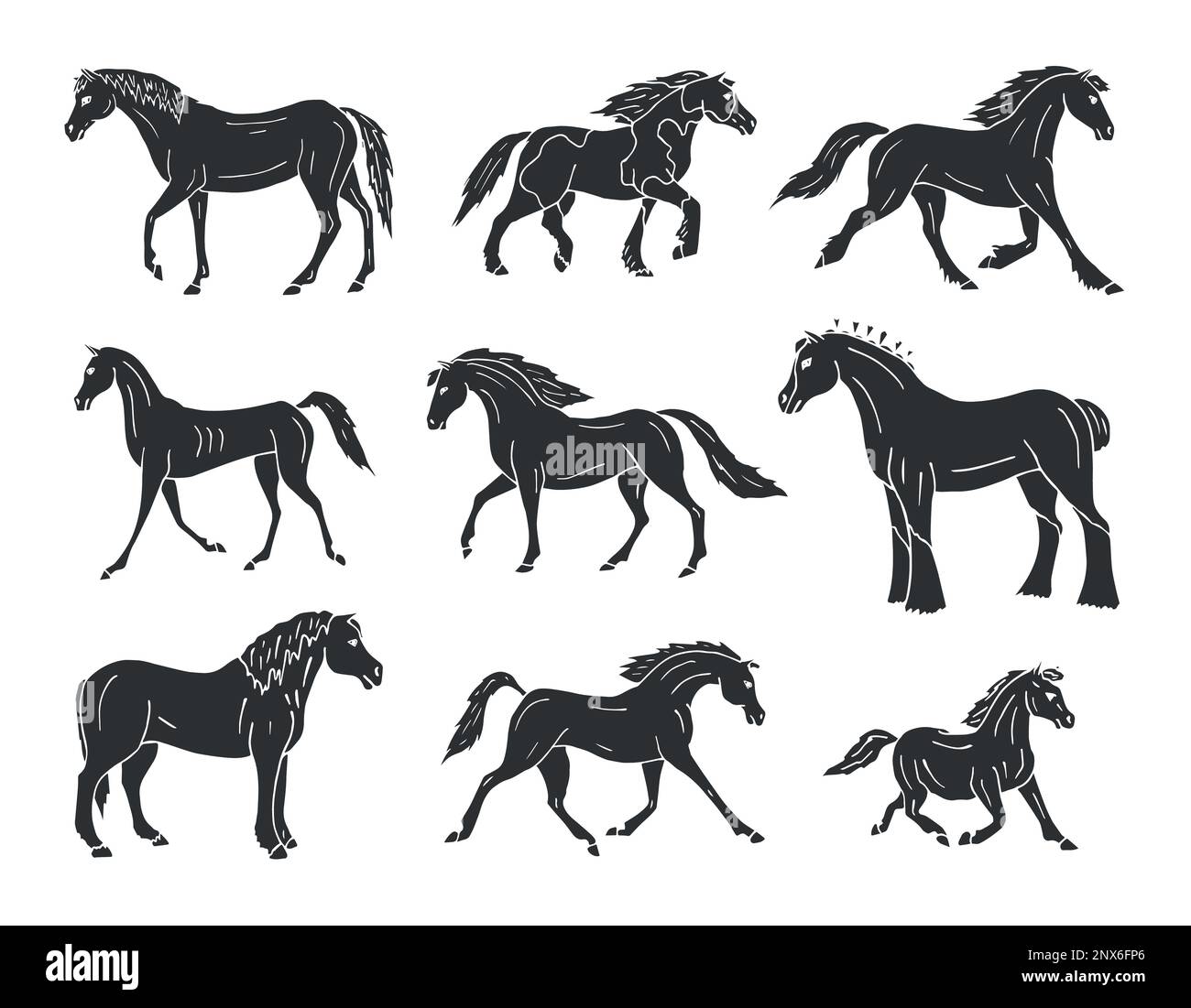 Vektorsatz handgezeichneter Zeichnungen schwarzer Pferde isoliert auf weißem Hintergrund Stock Vektor