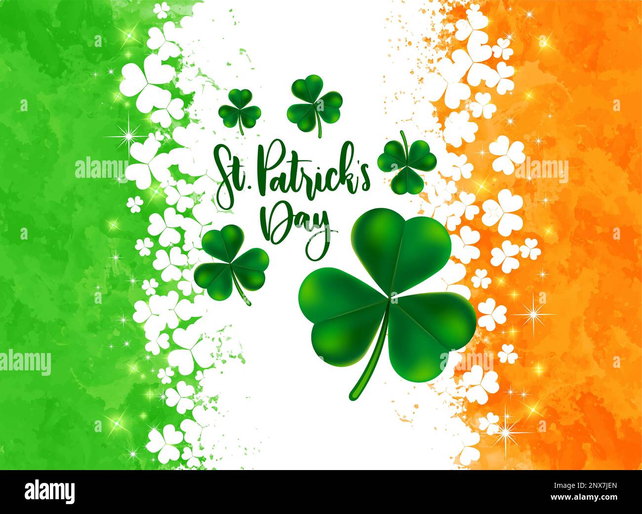 St. Patrick's Day Celebration Hintergrund mit Shamrock Klee und Text auf dem farbigen Hintergrund der irischen Flagge. Vektormaterial. Stock Vektor