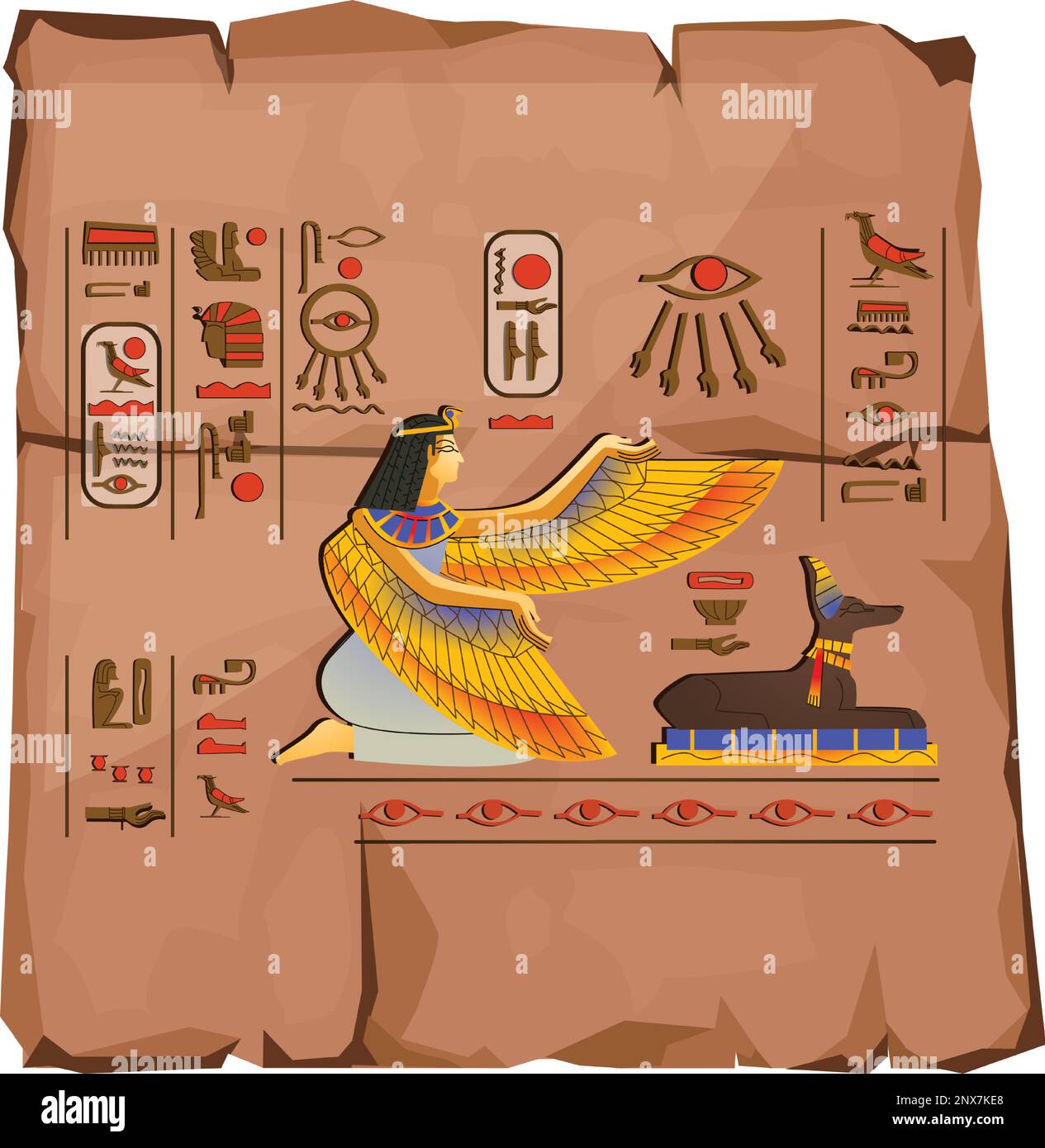 Der alte ägyptische Papyrus-Teil-Cartoon-Vektor. Antikes Papier mit Hieroglyphen und ägyptischen Kultursymbolen, die Götter Isis und Anubis, isoliert auf weißem Hintergrund Stock Vektor