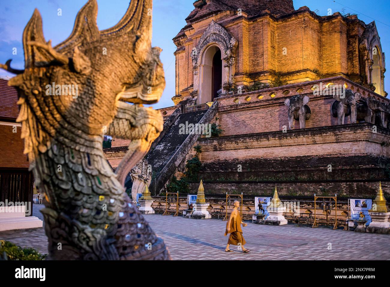 Naga und alte Chedi oder Pagode aus Backstein im Wat Chedi Luang Tempel, Chiang Mai, Thailand Stockfoto