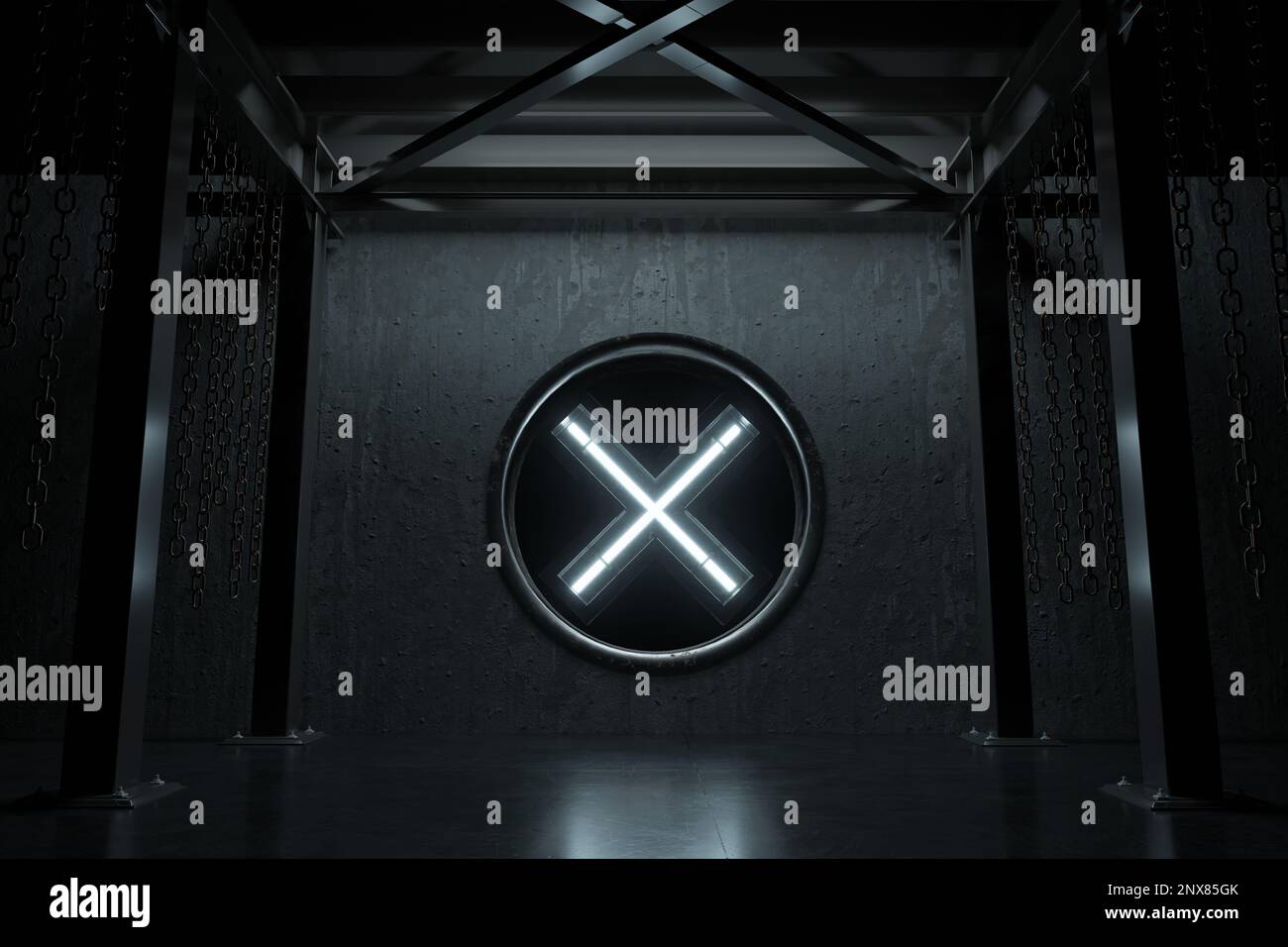 3D-Darstellung der Grunge-Industriehalle mit beleuchteter X-Belüftung Stockfoto