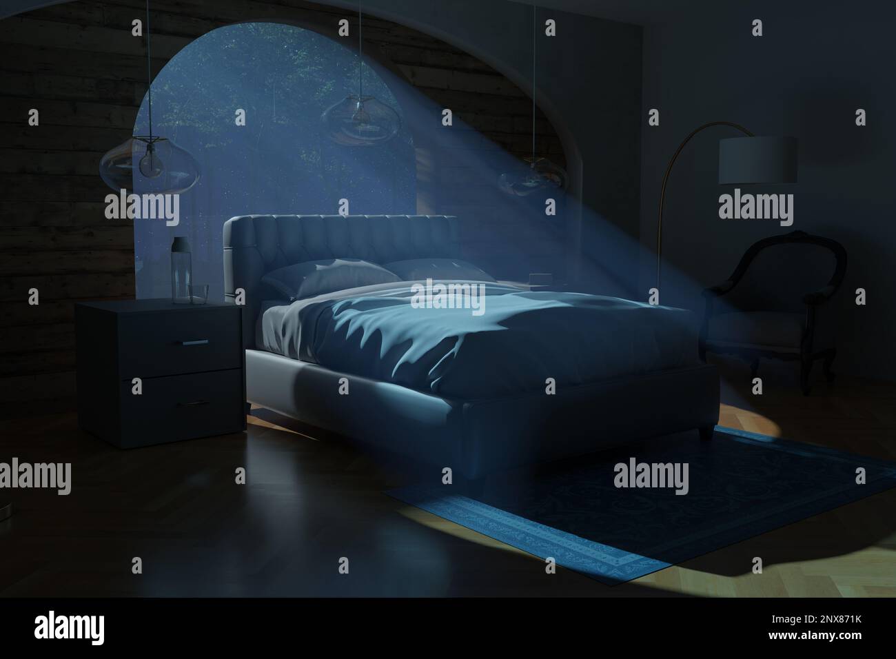 3D-Rendering eines alten Schlafzimmers mit Lichtstrahlen und gemütlichem Boxspring-Bett in der Nacht Stockfoto