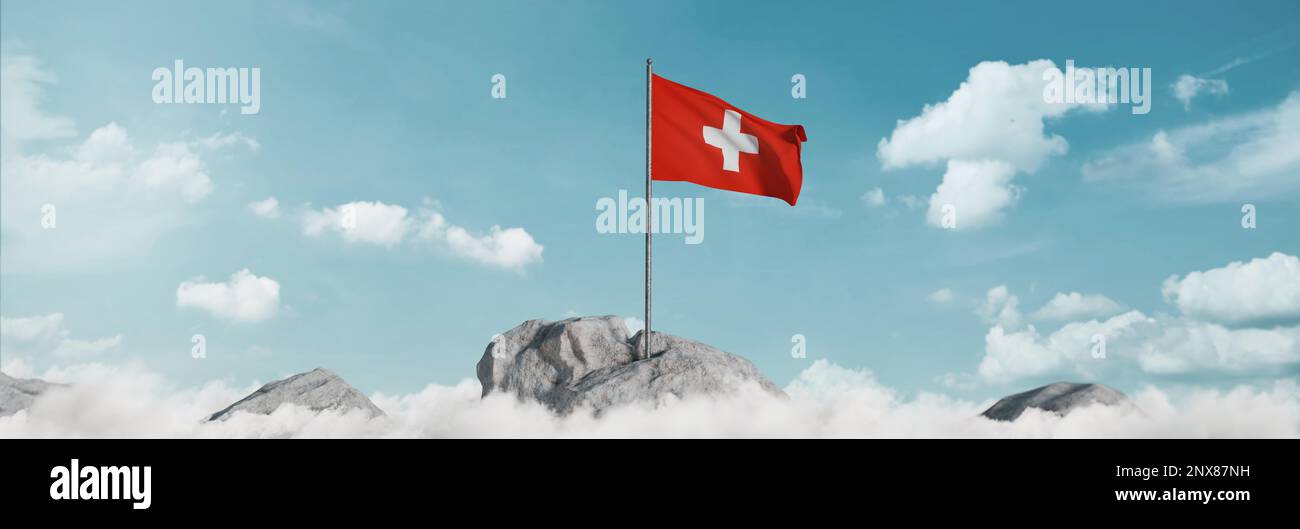 3D Darstellung der schweizerischen Flagge über dem Wolkenmeer zur Feier des Nationalfeiertages vom 1. august Stockfoto