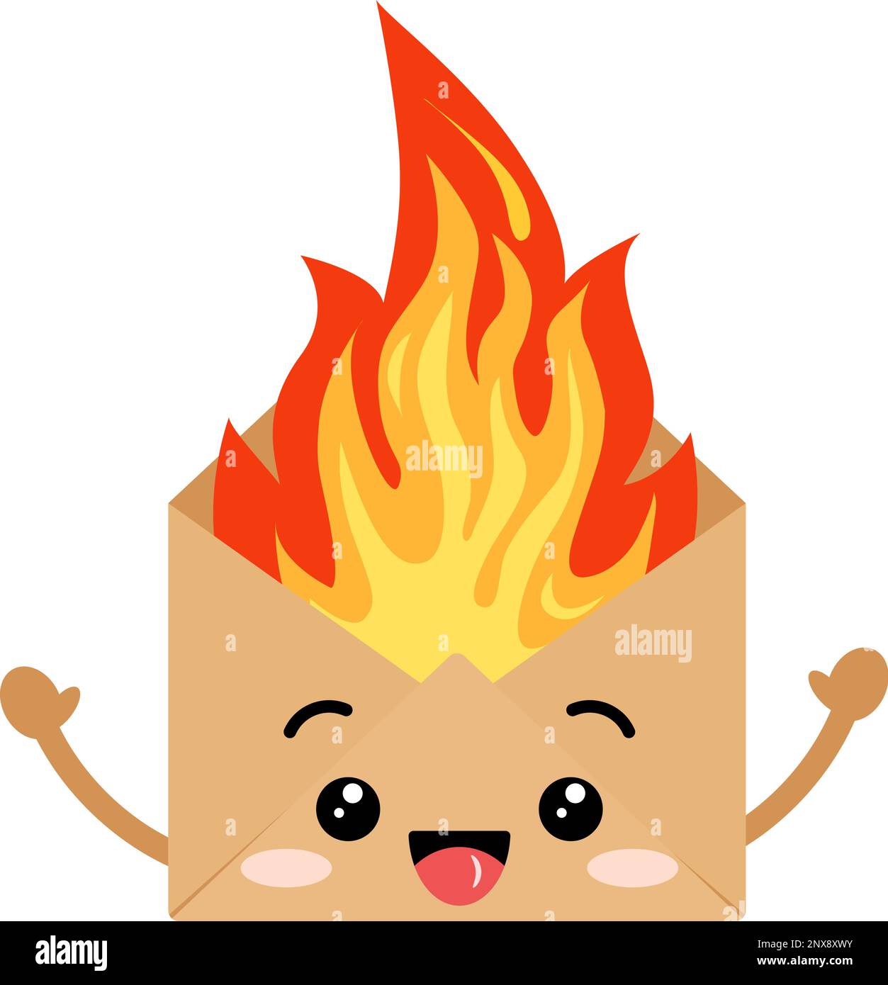 Gestalte Umschläge mit Feuerflamme niedliche Kawaii-Figur mit Armen. Stock Vektor