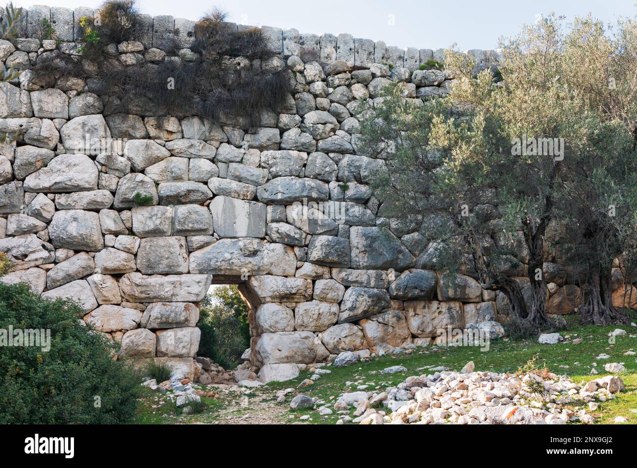Ruinen des alten römischen Aquädukts. Sehen Sie die Delikkemer Bridge im Olivenwald in der Nähe der Mittelmeerküste. In der Nähe der alten Stadt Patara an Ort Kalkan, Kas, Stockfoto