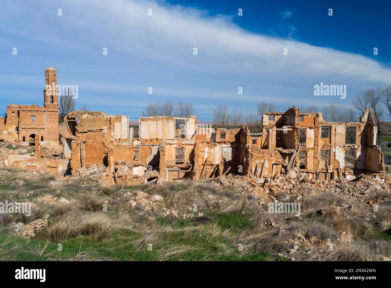 Blick auf das verlassene Dorf Belchite infolge des spanischen Bürgerkriegs, Belchite, Aragon, Spanien Stockfoto