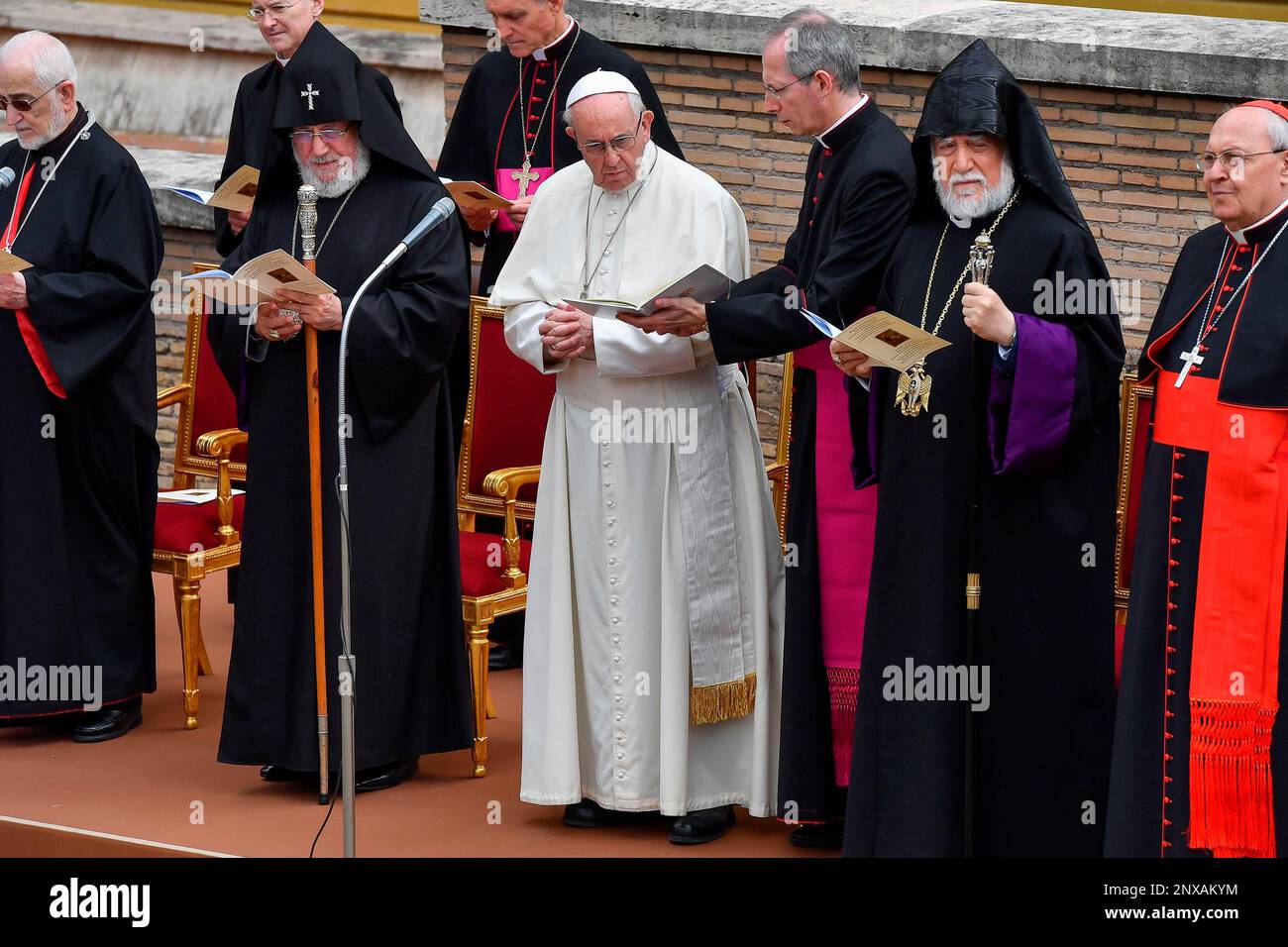 Pope Francis, center, Armenian Catholicos Karekin II, left, and Aram I