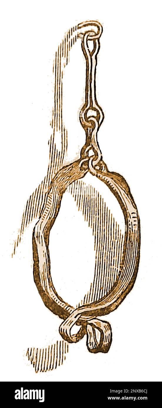 UNISHMENTS und INSTRUMENTE DER FOLTER AUS DER VERGANGENHEIT - die Jogger, Krüge oder Joggs, ein verschlossener Kragen mit einer kurzen Kette, um einen kleinen Gefangenen an einem Baum, einer Wand, einem Boot usw. zu befestigen Manchmal für Sklaven benutzt und in Schottland anstelle eines öffentlichen Pillorys benutzt, um einen Straftäter zu demütigen. Stockfoto