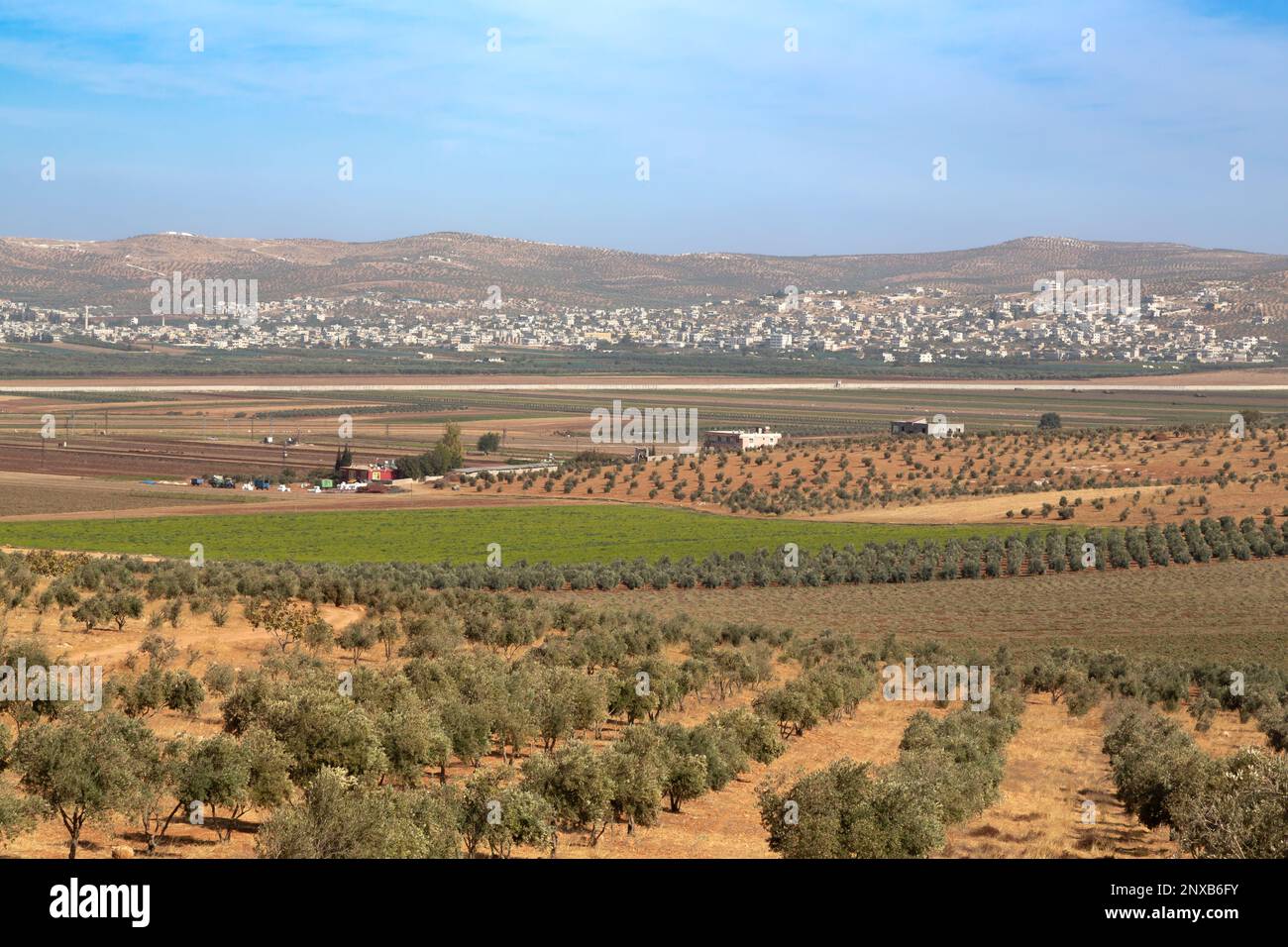 Landwirtschaftliche Gebiete an der Grenze der Türkei zu Syrien. Auf der anderen Seite der Grenze befindet sich der Bezirk Atma in Aleppo, Syrien. Stockfoto