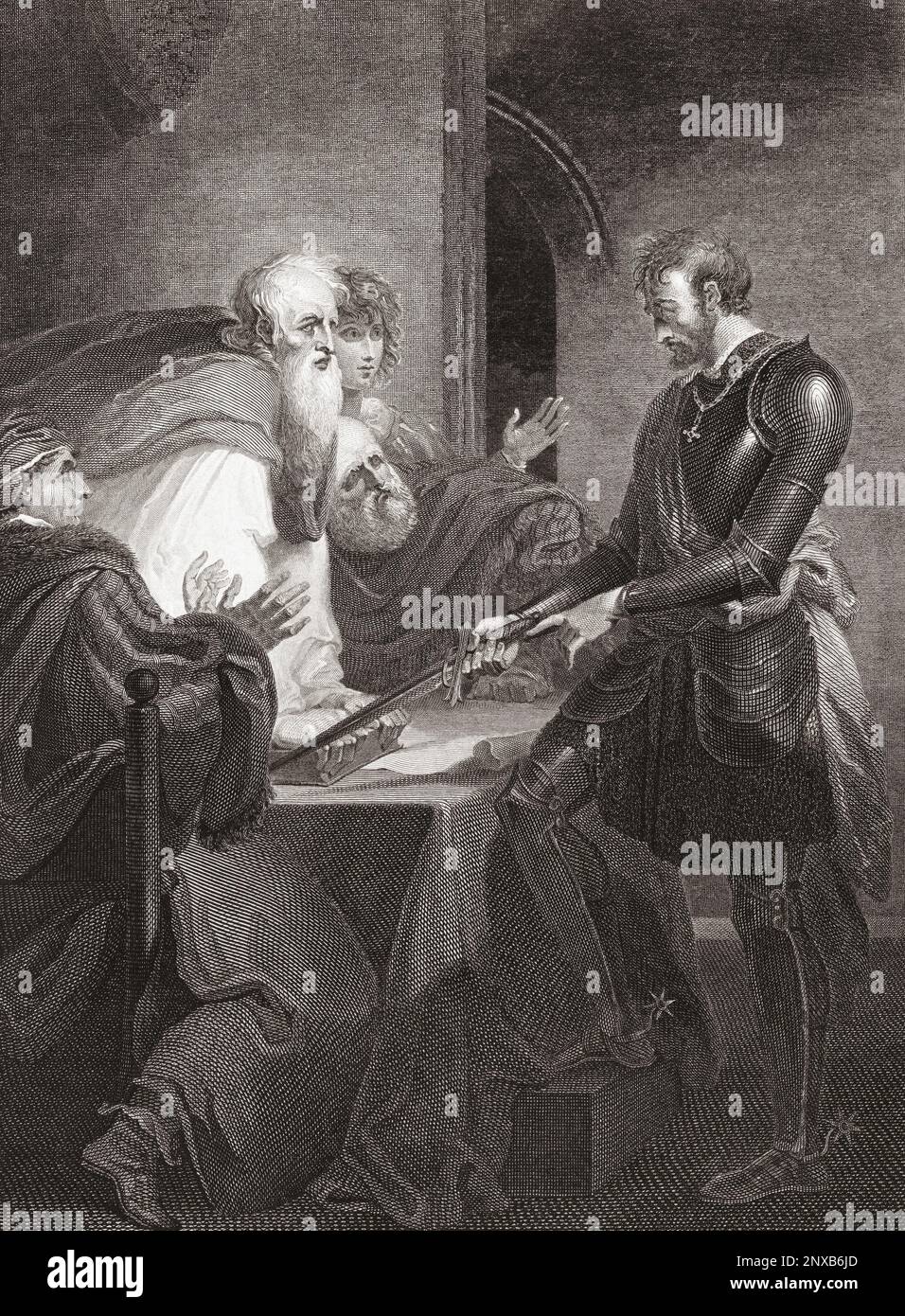 John de Warenne, 6. Earl of Surrey, 1231 - 1304, rechtfertigt die Titel seiner Anwesen. Im Jahr 1278 erteilte König Edward I. in dem Versuch, das zurückzufordern, was er für königliche Länder hielt, de Warenne und andere, eine Verfügung über Quo-Haftbefehle, oder "mit welchem Haftbefehl", das heißt, mit welchem Recht hielt er sein Land? De Warenne soll geantwortet haben, indem er ein altes Familienschwert gezogen und erklärt hat, dass das Schwert seinen Vorfahren gehörte, die mit Wilhelm dem Eroberer nach England gekommen waren. Dass sie sein Land mit diesem Schwert erobert hatten und dass er sein Land gegen jeden verteidigen würde, der es sich nehmen wollte Stockfoto