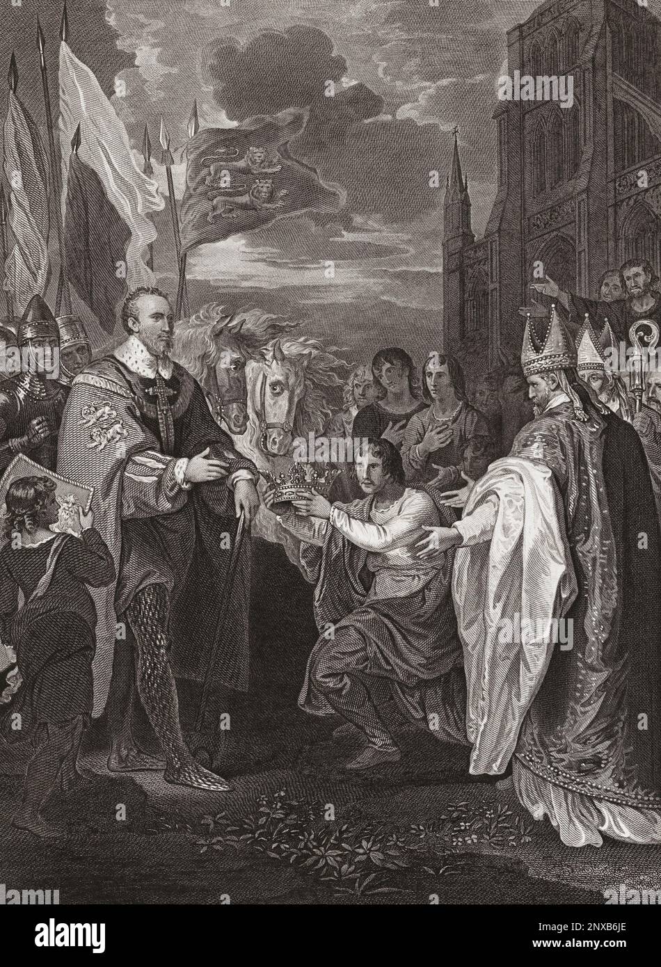 William der erste, der die Krone Englands erhält. Nach einem Abdruck von George Noble aus einem Gemälde von Benjamin West, das ursprünglich in der historischen Galerie von Robert Bowyer zu sehen war, die zwischen 1793 und 1806 erschienen ist. Stockfoto
